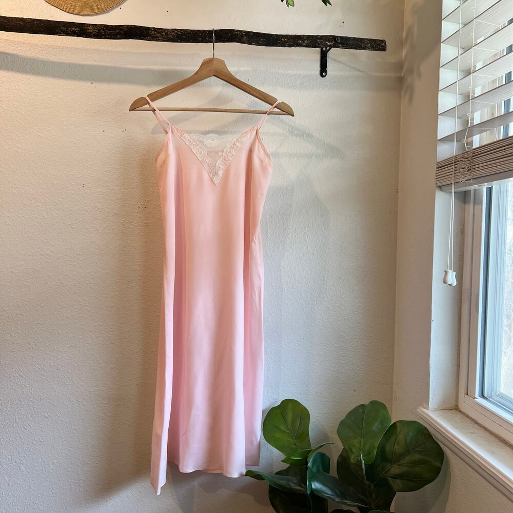 Vintage 1970s Handmade Pale Pink Lace Trim Silky Slip Lingerie Dress - XS